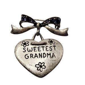 Vintage Sweetest Grandma Heart Brooch Purple Rhinestone Bow Silver Tone